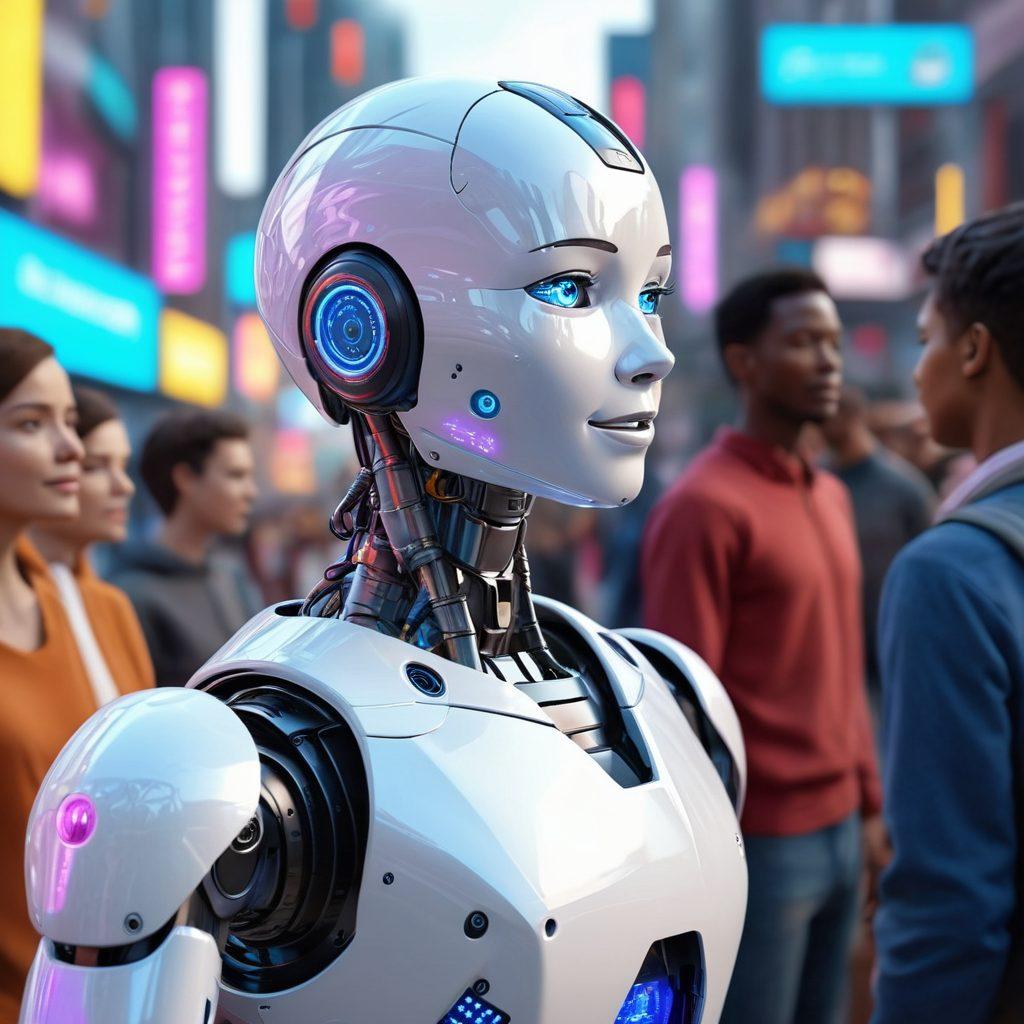 An intricate scene blending technology and emotions, featuring a humanoid robot engaging with a diverse group of people, depicting expressions of joy, sadness, and empathy. The robot's interface glows with vibrant colors, symbolizing emotional intelligence. In the background, a futuristic cityscape represents the advancements of affective computing. The overall atmosphere is dynamic and inspiring, highlighting the intersection of human emotions and technology. super-realistic. vibrant colors. 3D.