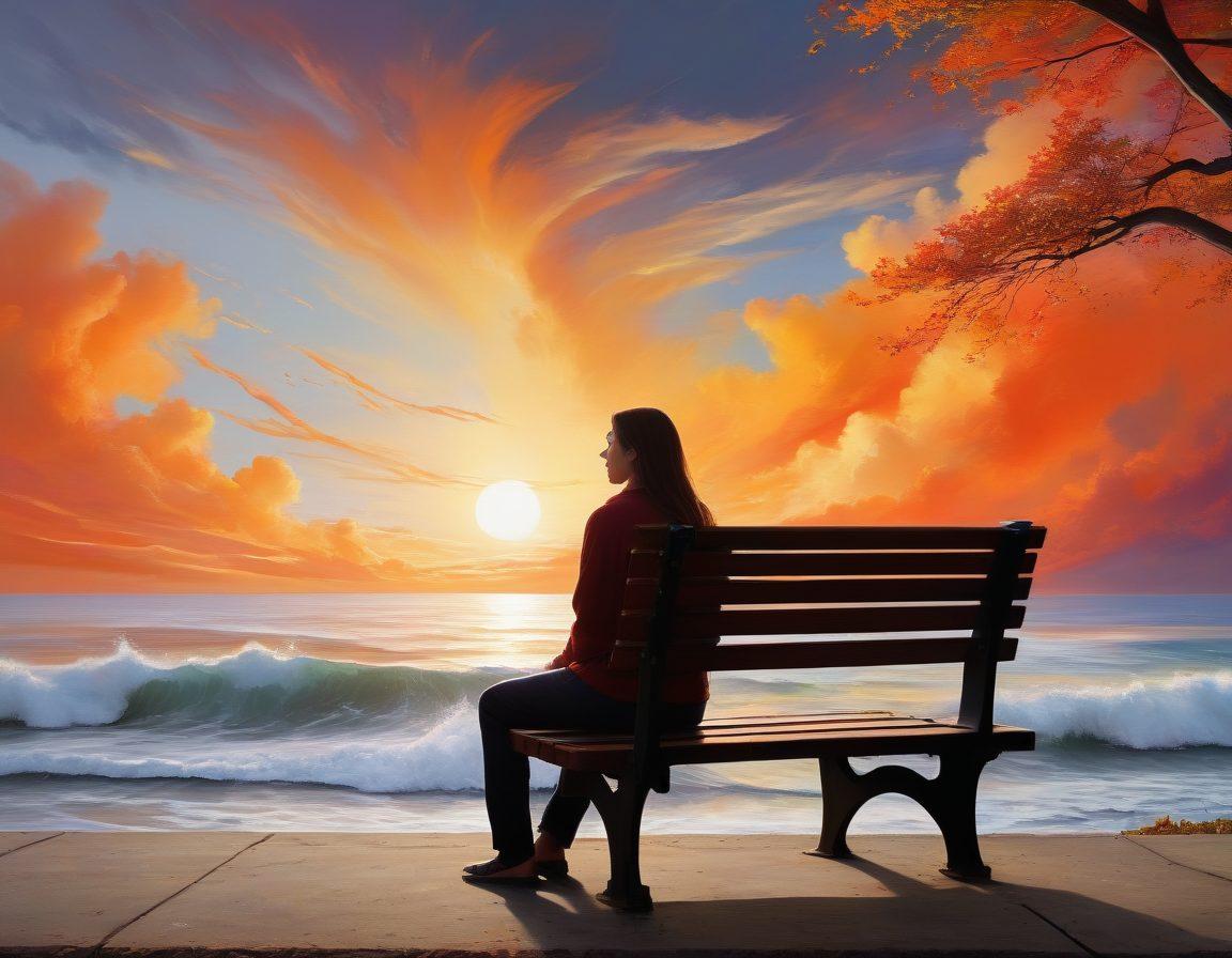 A contemplative figure sitting on a park bench, eyes closed, surrounded by gentle waves of colorful abstract shapes symbolizing emotions transitioning from sadness to insight. In the background, a vibrant sky reflects the mood, shifting from gray to warm hues of orange and gold. The scene captures a serene moment of reflection, encouraging viewers to embrace their emotions. surreal art. vibrant colors. calm atmosphere.
