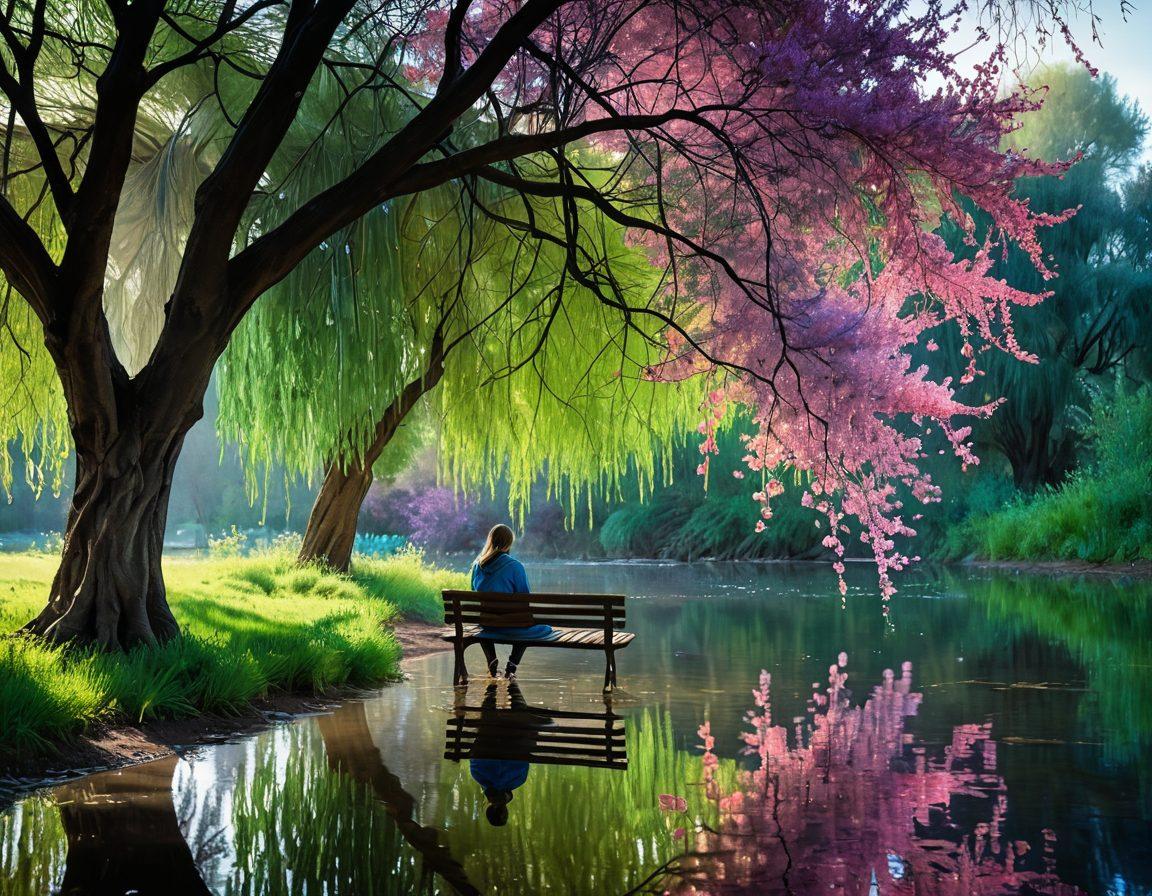 A serene, introspective landscape featuring a person sitting on a bench under a willow tree, surrounded by soft swirling colors representing emotions. Visual elements like a gentle rain of teardrops morphing into vibrant flowers symbolize the transformation of sadness into growth. Incorporate reflective water with ripples, and a subtle glow of hope piercing through dark clouds. super-realistic. soft color palette. vibrant details.